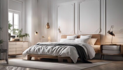 Decorative hotel bedroom with predominantly white color