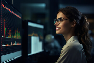 Smiling young woman with glasses sitting behind a desk looking at a monitor with a stock market graph monitoring market prices.generative ai