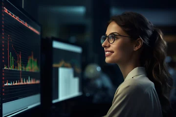 Foto op Plexiglas Smiling young woman with glasses sitting behind a desk looking at a monitor with a stock market graph monitoring market prices.generative ai © Ivan