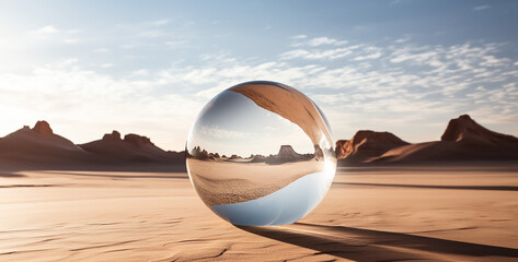 landscape with globe, a revolution of a glass ball in the desert
