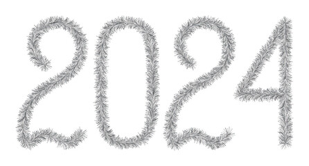 Tinsel. 2024. Lettering from a festive Christmas decoration. Fluffy numbers. Silver color. Vector illustration. Isolated background. Cute plush message. The coming year. Rustling lettering.