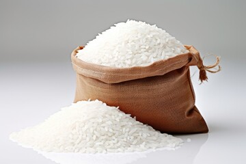 close up of White rice in the bag on white background