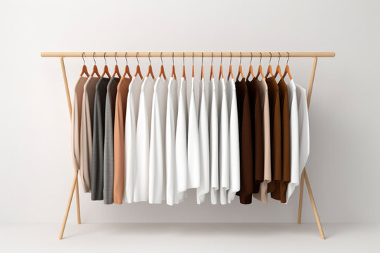 Clothes rack with hanging shirts in white and beige colors on the background of a light wall, front view.generative ai