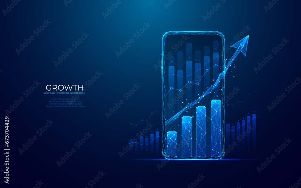 Poster abstract mobile phone and growth chart on smartphone screen. stock market and finance concepts. low 