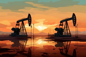 Silhouettes of oil drilling derricks in a desert oilfield, extracting crude oil from the ground. Representing petroleum production.