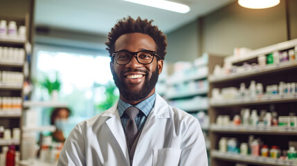 Courteous smiling black pharmacist in white coat assists clients in pharmacy providing advice and...