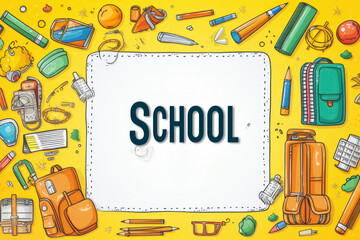 Back-to-school online banner with a yellow backpack and supplies on checkered paper background