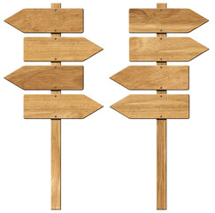 Collection of empty wooden directional signs (four arrows) with pole and copy space, isolated on white or transparent background. Png.