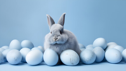 Easter bunny with blue eggs. Pastel blue aesthetic background. Creative idea, minimal composition.