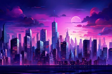 Design a vibrant cityscape scene with skyscrapers and urban lights at dusk, suitable for city life and modern architecture concepts