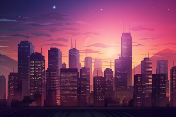 Design a vibrant cityscape scene with skyscrapers and urban lights at dusk, suitable for city life and modern architecture concepts