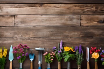 Top view pattern of gardening tools on a wooden background