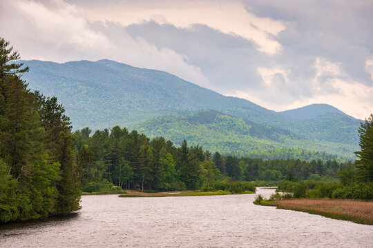 A View Down the River at the Adirondack Mountains