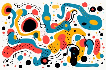 Fototapeta premium Playful abstract shapes in a doodle grunge style with vibrant, multicolored squiggles, circles, asterisks, infinity signs, dots, and bold wavy lines. Vector illustration featuring colorful geometric e