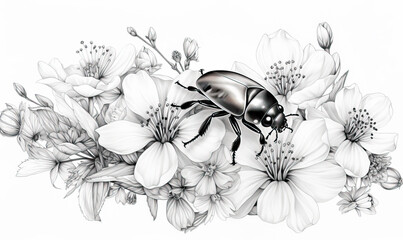Black and white image of a beetle on flowers. - obrazy, fototapety, plakaty