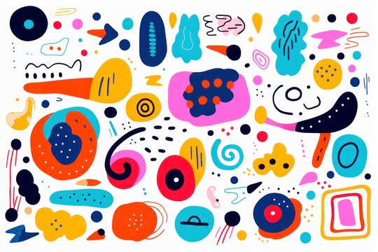 Playful abstract shapes in a doodle grunge style with vibrant, multicolored squiggles, circles, asterisks, infinity signs, dots, and bold wavy lines. Vector illustration featuring colorful geometric e
