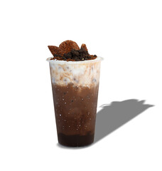 Iced cacao crunchy. plastic cup of dark chocolate blended with cacao nibs and topped with chocolate granola.