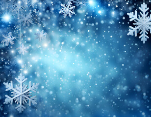Blue sparkling Christmas and winter background with white snowflakes,