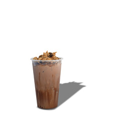 Iced cacao crunchy. plastic cup of dark chocolate blended with cacao nibs and topped with chocolate granola.