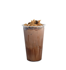 Iced cacao crunchy. plastic cup of dark chocolate blended with cacao nibs and topped with chocolate granola.