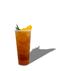 iced tea with peaches, in a plastic container to take away