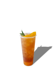 iced tea with peaches, in a plastic container to take away