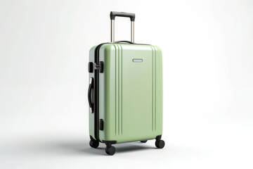 Light green plastic suitcase on wheels with outstretched handle isolated on white background,holiday theme.generative ai