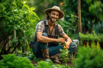 Happy adult men wearing a hat harvesting vegetables for agriculture concept.