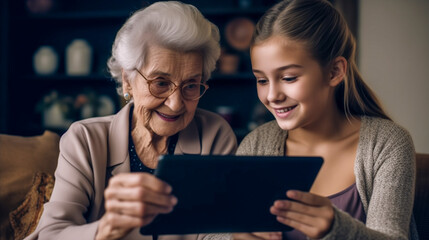 A grandmother relives memories with her granddaughter by viewing images and videos of family members and loved ones through a tablet. - obrazy, fototapety, plakaty