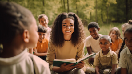 group of students studying. A young camp counselor holds a book in her hands and is surrounded by a diverse, multiracial group of children in a natural environment at a summer camp.