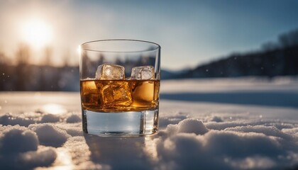 Whiskey glass with ice and bottle blurry at back, in snow 

 - obrazy, fototapety, plakaty