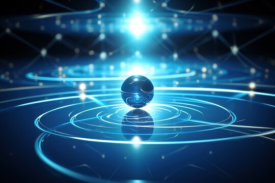 Abstract scientific background, blue neon quantum atom, glass transparent ball rotating in vacuum, electron orbital tracks.