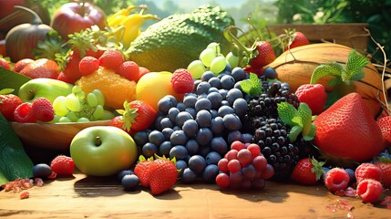 Fresh seasonal berries and fruits are placed on a wooden counter in a grocery market. Healthy food with vitamins. Colorful. Generative AI.