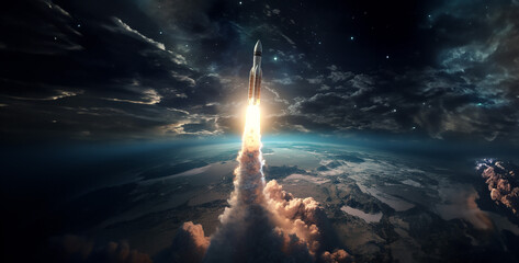 lightning in the sky, a rocket ship floating in deep space earth