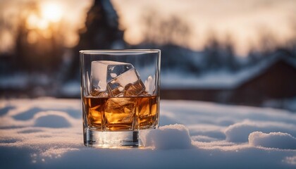 Whiskey glass with ice and bottle blurry at back, in snow

