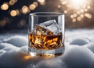 Whiskey glass with ice and bottle blurry at back, in snow

