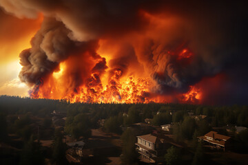 A large, uncontrollable wildfire rapidly approaches a residential area, evoking urgency and impending doom