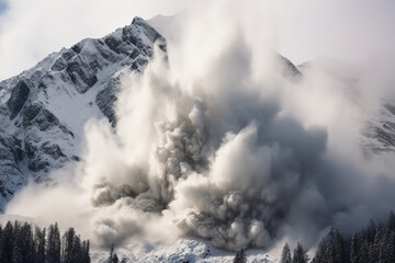 An avalanche of snow and rocks descends down a mountain, threatening skiers and hikers in its path
