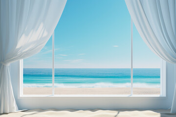 Fototapeta na wymiar Glass windows with white silk curtains and overlooking to sea.