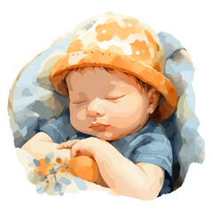 Schlafendes Baby mit blauem Outfit und orangefarbenem Spielzeug, AI Generative - obrazy, fototapety, plakaty