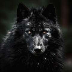 Portrait of a mountain wolf, face view, fog, forest, unusual background.