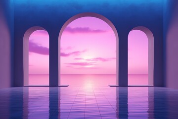 Architectural arches against the backdrop of an abstract surreal landscape illuminated with neon pink light. Calm water surface, sea. Fantastic interior, space of the metaverse.