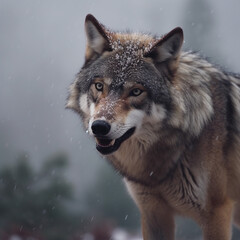 Fototapeta premium Portrait of a mountain wolf, face view, fog, forest, unusual background.