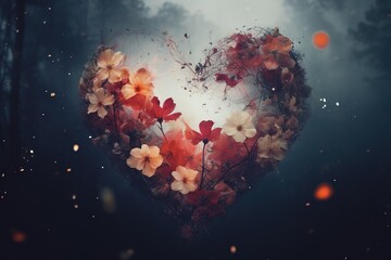 Large flowers in the shape of a heart on a blurred abstract background.