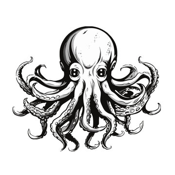 Schwarz-Weiß-Illustration eines Oktopus, AI Generative