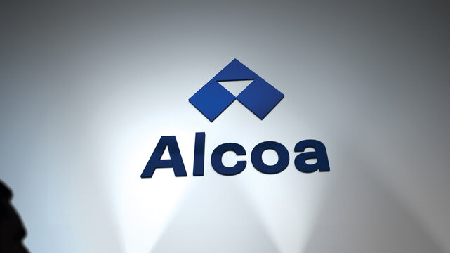 Alcoa's logo, Pittsburgh. Alcoa's brand on a white wall, the logo of Alcoa Corporation in a hall.