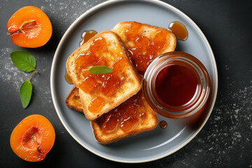 Toast with homemade apricot jam on a plate and next to a standing jar on a dark beautiful background, top view.generative ai