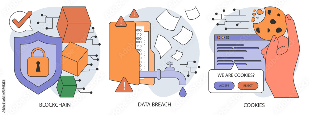 Poster data privacy set. cyber or web security . database safety of a digital device. protection of the int