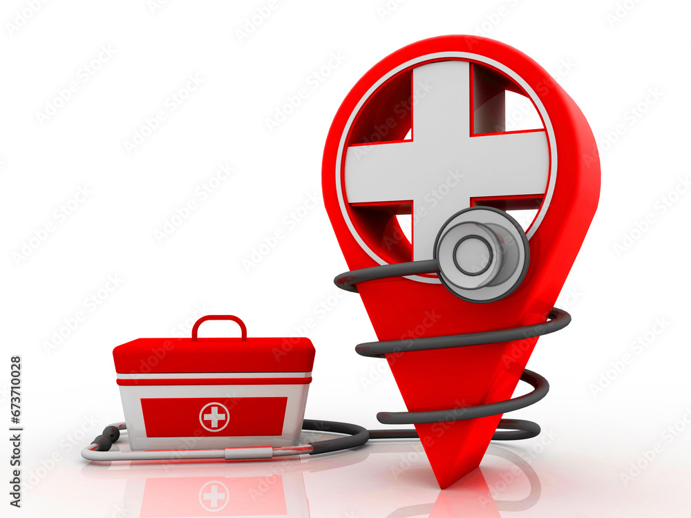 Poster 3d rendering red map pointer with first aid box connected stethoscope