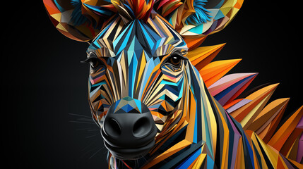 Multicolor geometric illustration of zebra. Colourful poly graphic on black background.
